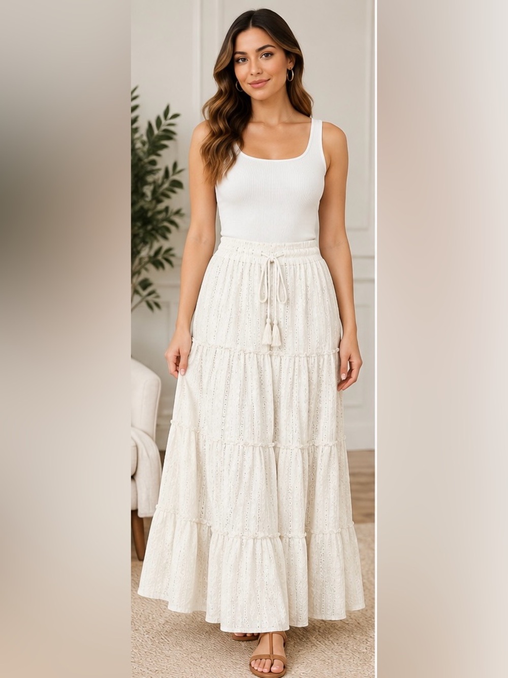 Cato Cream Tiered Eyelet Maxi Skirt